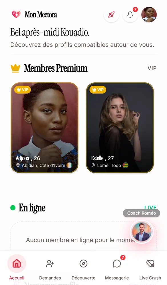 L'accueil de Mon Meetora sur mobile : les stories du jour, les matchs récents et les conversations en cours