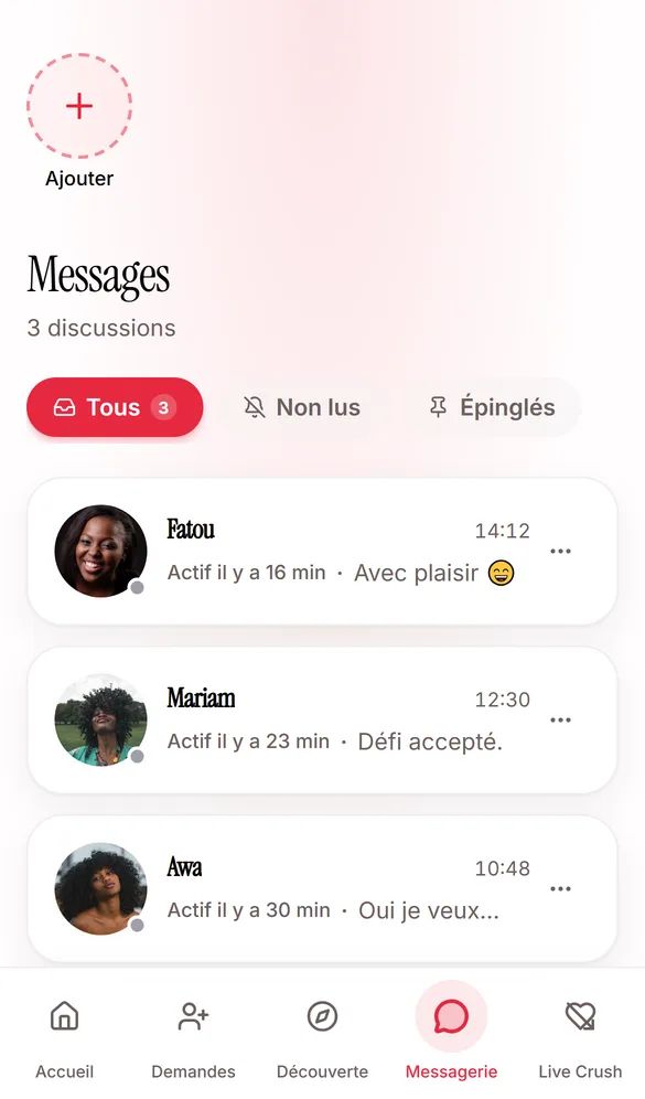 Messagerie de Mon Meetora : trois conversations en cours, avec l'indicateur de présence et les filtres non lus et épinglés