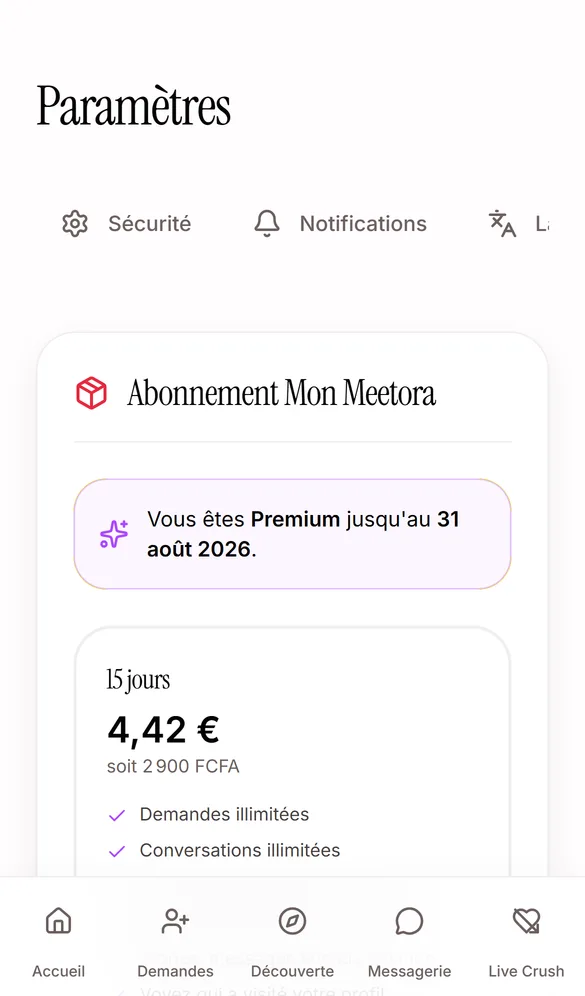 Écran Abonnement de Mon Meetora : les formules 15 jours, 1 mois, 3 mois et 6 mois, payables en Mobile Money ou par carte